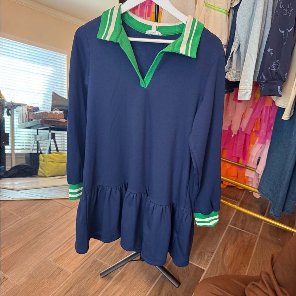 Mary Squarw Navy Dress with Green Striped Collar